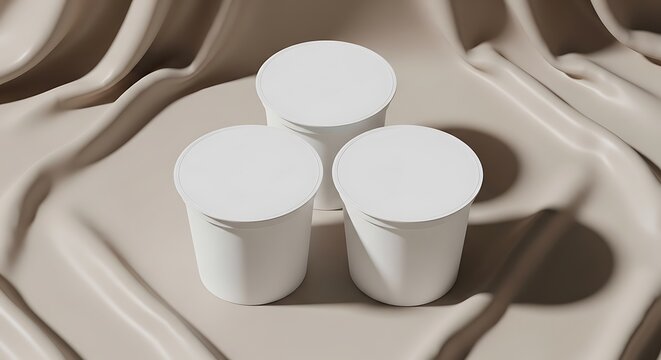 Three white yogurt cups on a draped beige fabric background for branding and product design mockup. yaourt pot