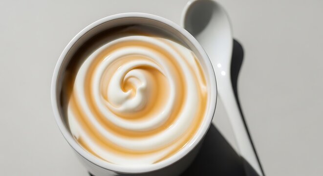 Top view of a cup filled with creamy yogurt and a swirl of sweet golden honey with a white spoon. yaourt pot
