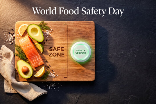 Fresh salmon fillet with avocado slices and citrus arranged on wooden cutting board featuring digital safety verification sensor.
