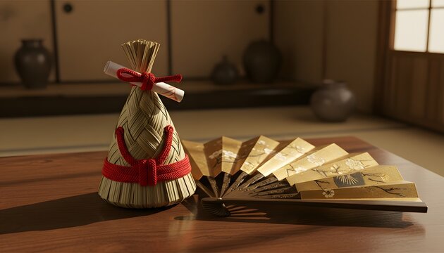 Traditional chimaki amulet and golden fan on a wooden table for Gion Matsuri ancient traditions concept, celebrating Kyoto heritage in a peaceful tatami room with cinematic light