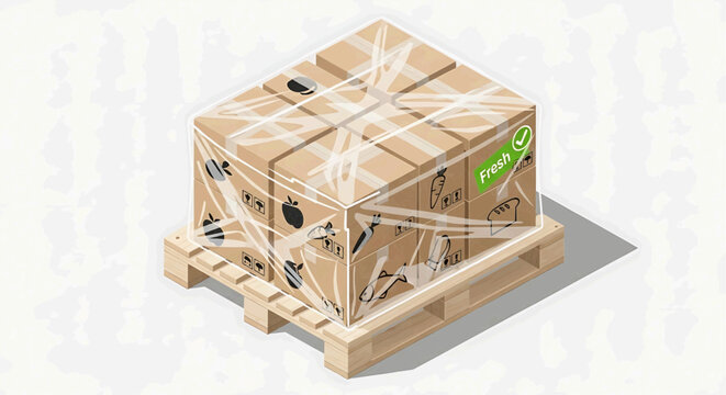 A large brown cardboard box wrapped with white straps sits on a wooden pallet.