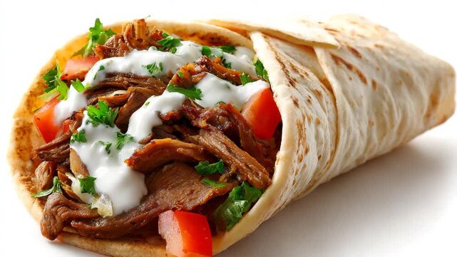 Delicious doner kebab sandwich with meat, tomato, and sauce on a white surface