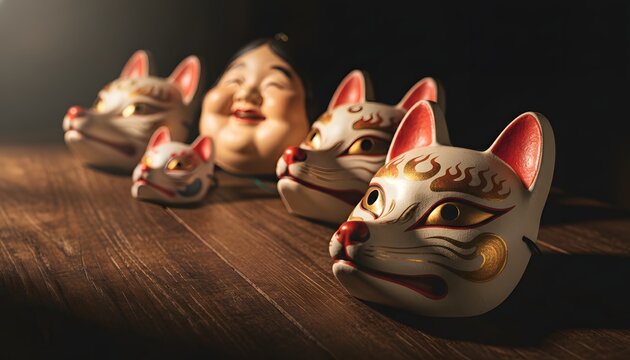 Traditional Gion Matsuri festival masks including kitsune fox and otafuku arranged on a wooden table for Japanese culture and heritage concept with dramatic lighting