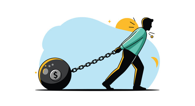 Conceptual illustration depicting a man struggling to pull a large heavy iron ball with a dollar sign symbol on a long chain.