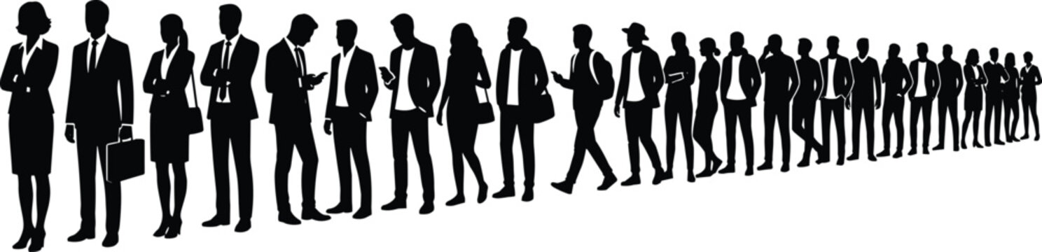Queue silhouette illustration, black design showing diverse figures in line with briefcases, bags, and phones representing waiting and organization - flat vector illustration