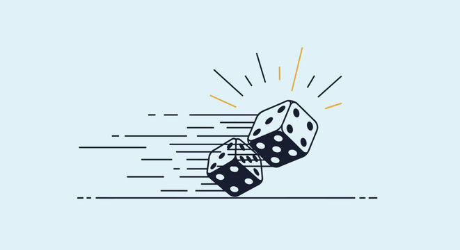 Pair of black and white dice rolling fast with motion lines representing gambling luck and high stakes gaming concept.