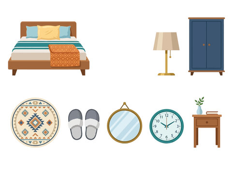 Set of bedroom furniture and decor elements, including bed, wardrobe, nightstand, rug, lamp, mirror, clock, and slippers