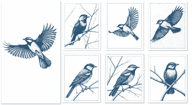 Set of Blue Tit Illustrations: Flying and Perching Birds on Branches