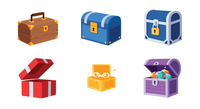 Various treasure chest icons including wooden blue red and golden boxes with gems for video game UI and rewards.