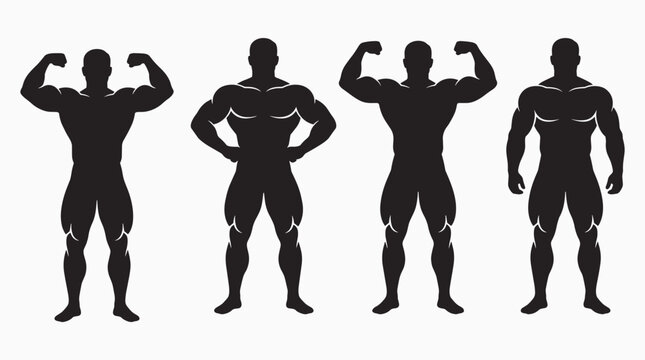 Four male bodybuilder silhouettes flexing in various poses muscular physique illustration on a white background high quality professional detailed modern elegant stylish clean