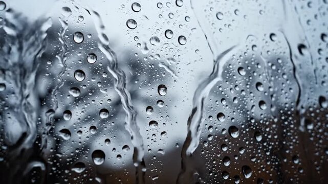 Raindrops on glass window with blurred trees in background
