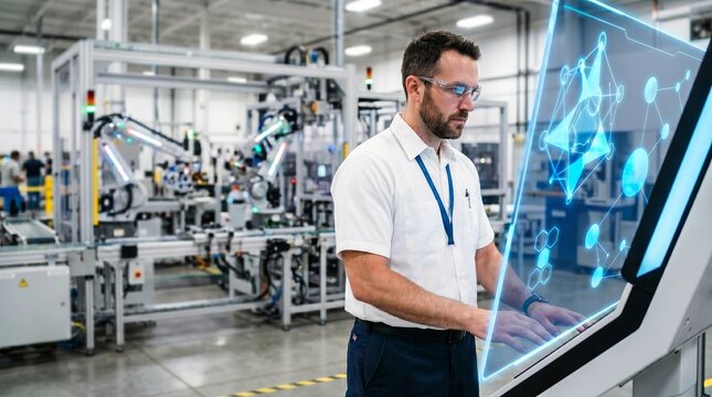 Male Engineer Monitoring Secure Automated Factory Floor with Digital Control Panel for Industrial Cybersecurity Concept
