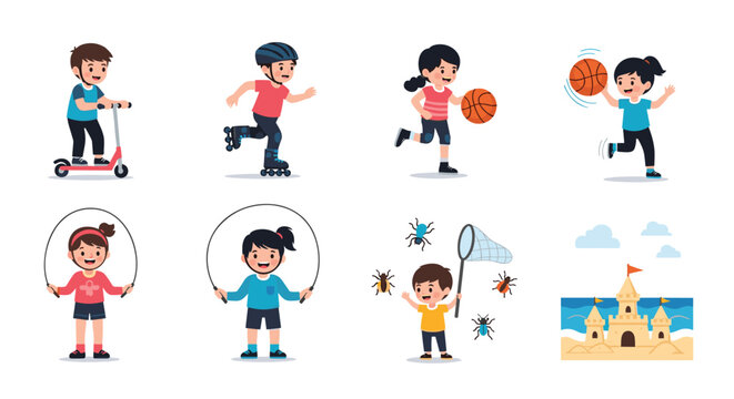 Set of active children characters engaging in various outdoor play activities including sports and building sandcastles illustration.