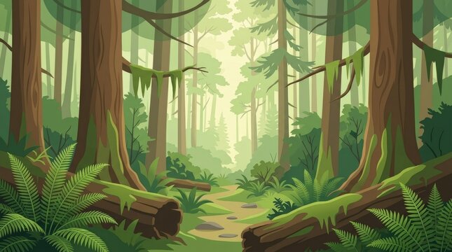 serene temperate rainforest landscape with mossy trees and ferns