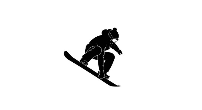 Silhouette of a snowboarder performing a trick mid-air against a white background