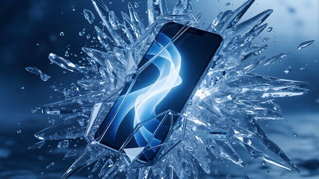 Futuristic Smartphone Trapped in Exploding Blue Ice Shards for Cold Storage and Data Security Concept