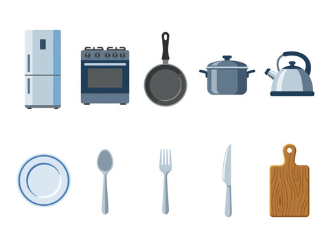 Collection of kitchenware and utensils, including a refrigerator, stove, frying pan, pots, kettle, plate, spoon, fork, knife, and cutting board