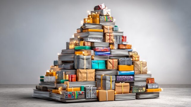 Stacked Shipping Boxes with Decorative Wrapping and Lights