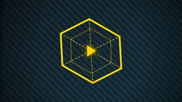 Yellow isometric hexagon play pause button animation video with glowing wireframe lines and diagonal striped background, creative geometric motion graphics for architectural and construction tech.