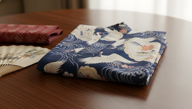 Folded blue yukata with crane patterns and a traditional fan for a Gion Matsuri festival fashion concept showcasing Japanese cultural heritage and summer celebration attire