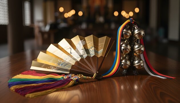 Traditional golden fan and Kagura bells for Gion Matsuri traditional dances concept, showcasing Shinto ritual tools on a wooden table in a Kyoto temple with bokeh lights