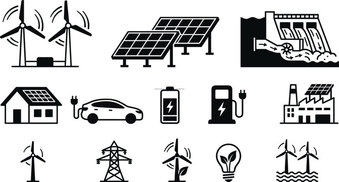 Renewable energy icon set with wind turbines, solar panels, hydroelectric dam, electric car, battery, charging station, and eco-friendly factory