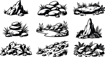 Rock formations and nature silhouette set with mountains, stone piles, pond, path, and vegetation © TOMSINA