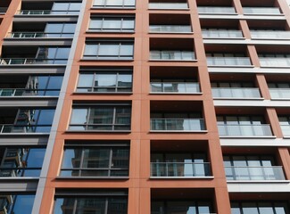 Fototapeta premium Modern residential building exterior with rows of balconies, glass windows. Apartments feature clean lines, contemporary design. This structure has terracotta colored panels, grey metal accents.