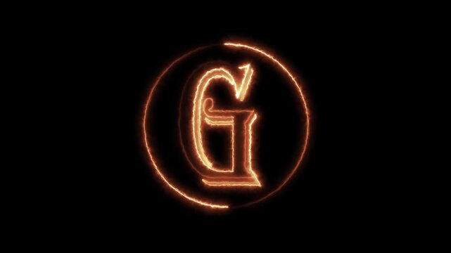 Glowing g letter animation on black background neon light effect circular