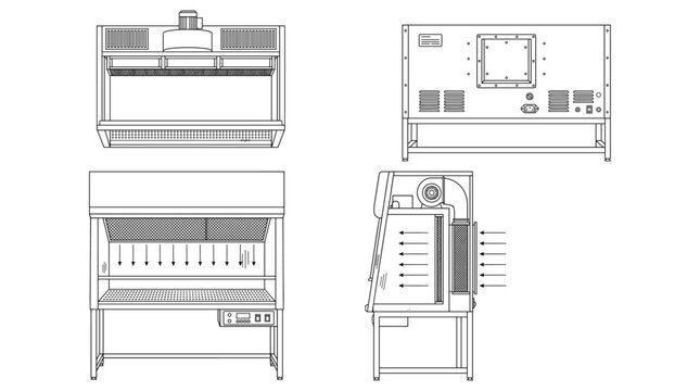 Laminar flow hood technical drawing blueprint with front side back and top views CAD line art vector illustration