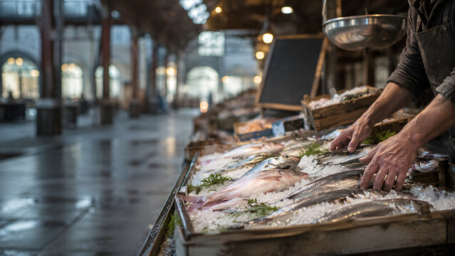 Generic German fish market stall in the early morning with crushed ice trays full of fresh whole fish in wooden crates, with fishmonger's hands arranging the catch in cool morning light.