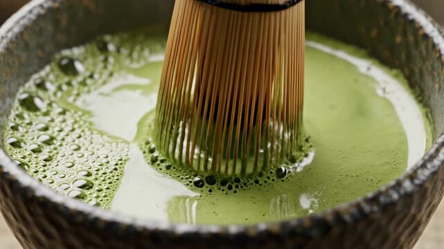 This video shows a close-up shot of a bamboo whisk whisking green matcha powder in a bowl for a traditional Japanese tea ceremony. The whisk is made of thin bamboo tines and has a black band around