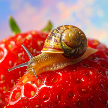 Siput merayap di atas stroberi merah matang dengan latar langit berwarna-warni