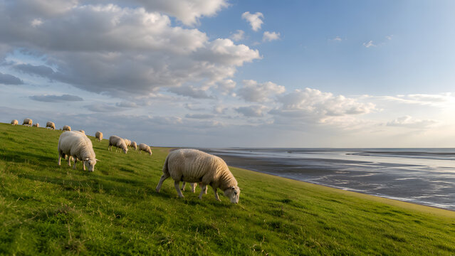 Flock of white sheep grazing peacefully on a green grassy German North Sea dyke Nordseedeich, with endless tidal flat Wattenmeer landscape and dramatic cumulus sky in soft late afternoon light.