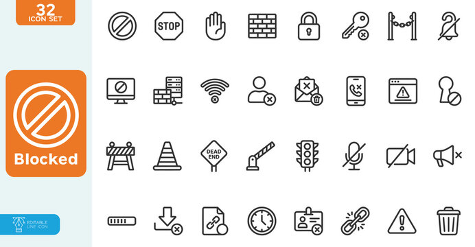 Blocked Vector illustration Line Editable Icons set in a modern, thin-line style of prohibitory-sign-related icons: objection, deny, refuse, and more,  Isolated on a white background.