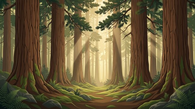 serene ancient pine forest minimalist landscape with mossy trees