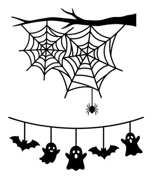 Halloween decoration with spider webs and hanging ghost and bat silhouettes on string.