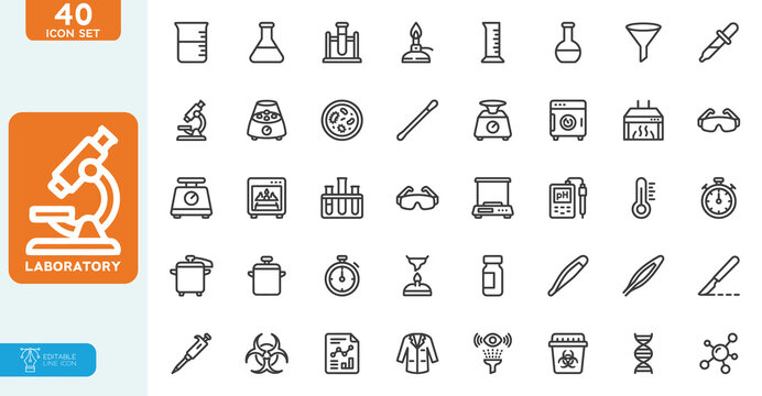 Laboratory Vector illustration Line Editable Icons set. Vector illustration in modern thin line style of science related icons: equipment, experiment, assistants, and more.
