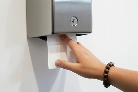 Hand pulls paper towel from modern metal dispenser mounted on white wall. Hygienic way to dry hands after washing in bathroom. Cleanliness convenience in public or home washroom.