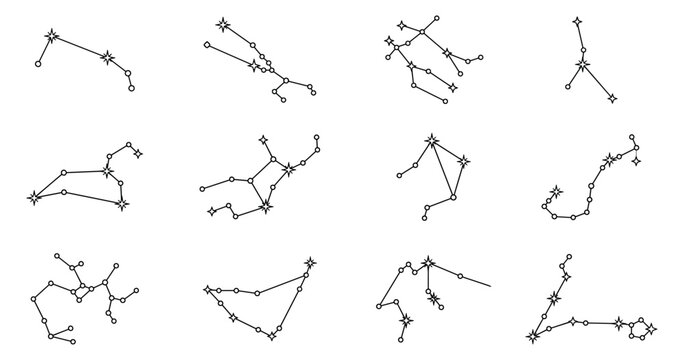 Set of twelve zodiac constellations and star signs in line art style.