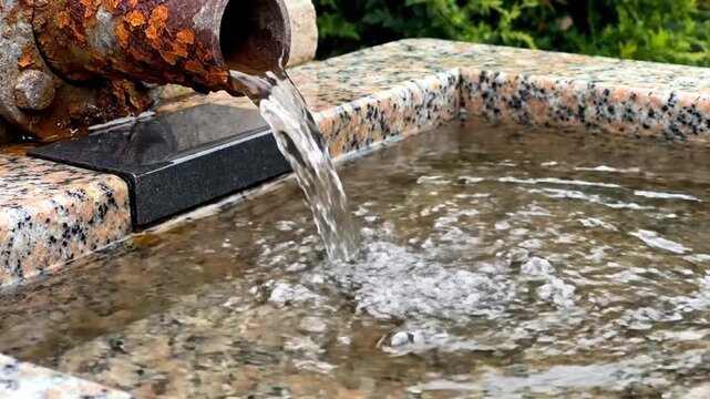 Water flowing from rusty pipe into stone fountain basin