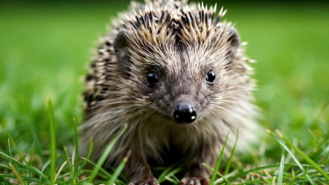 Small Hedgehog on Green Grass Close-Up - A small hedgehog with distinctive spiky fur stands still in vibrant green grass, looking directly at the camera.