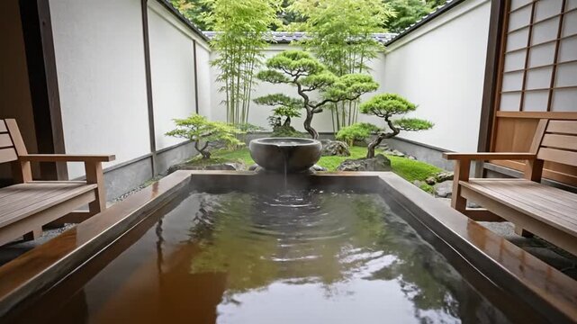 Traditional Japanese wooden outdoor bath with zen garden view