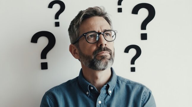 Middle aged man with glasses thinks hard surrounded by question marks. He ponders big issues, facing uncertainty and confusion. He needs answers, looking for solutions.