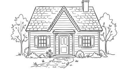 Obraz premium Traditional American House Outline Drawing with Front Porch and Pitched Roof in Bright Studio