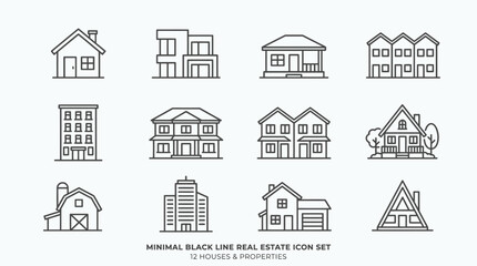 Naklejka premium Minimal Black Line Real Estate Icon Set with 12 Houses and Properties in Bright Studio