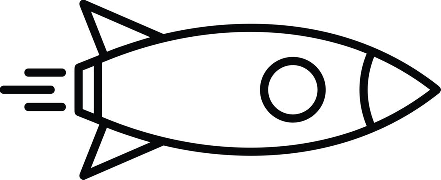 Simple rocket line drawing with circular window and motion lines symbolizing speed, innovation, and space exploration design