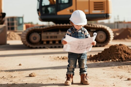Small child wears hard hat and overalls studies building plans on construction site. Excavator vehicle is in background. Future career dream.