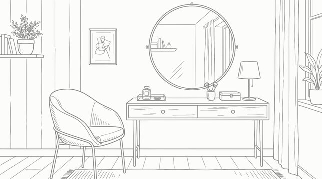 Elegant Dressing Table with Large Round Mirror and Stylish Armchair in a Modern Interior