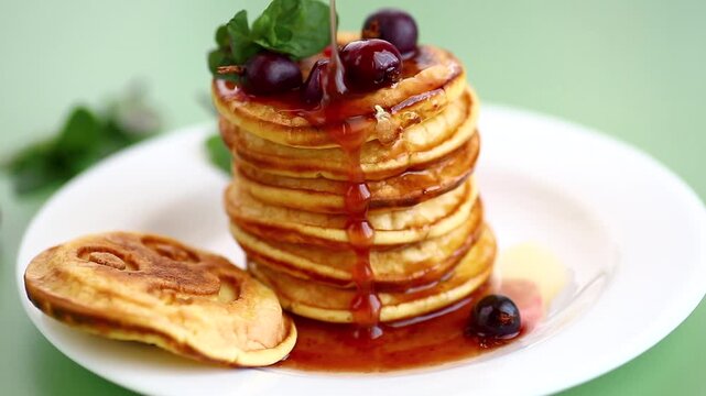 Delicious homemade pancakes with cherry strawberry and syrup topping